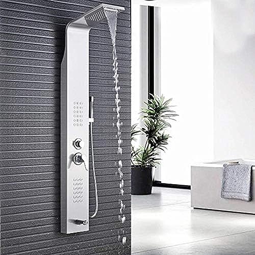 Panel de ducha con acabado en níquel cepillado, funciones lluvia, cascada, masaje horizontal, ducha de mano y salida baja para bañera, montaje en pared miniatura 1