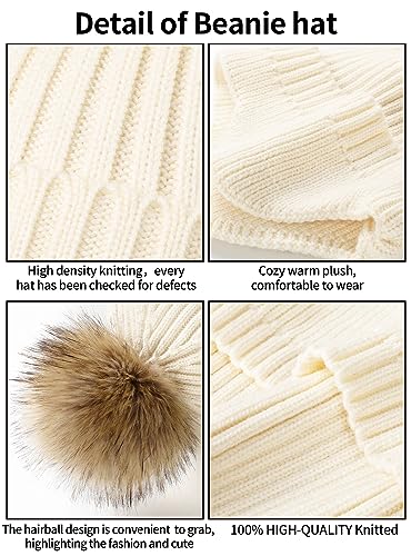 Image of Beanies Women Winter Hat - Earflap Winter Hats for Women with Faux Fur Pom Warm Knit Skull Cap Beanie for Women