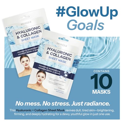 Image of Skin 2.0 Hyaluronic Acid & Collagen Sheet Mask - Hydrating, Anti-Aging, Firming - Dermatologist Tested Korean Skincare - Clean Beauty, Natural Ingredients, Cruelty-Free, All Skin Types - 10 Count