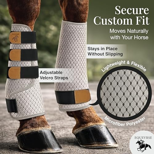 Image of Premium Horse Fly Boots for Horses Set of 4 Protective and Comfortable Fly Boots for Large Breeds Soft Polyester Bamboo Lining Adjustable Horse Leg Wraps (4 Pack)