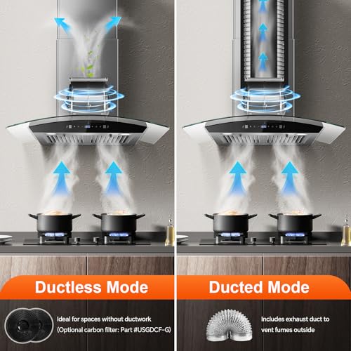 Image of Range Hood 30 Inch, Tieasy Wall Mount Kitchen Hood with Ducted /Ductless Convertible Duct, Stainless Steel Chimney and Baffle Filters, Touch Control Fan Timer, LED Lights, 3 Speed Fan