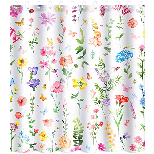 Preboun Spring Flower Shower Curtains for Bathroom Floral Plant Shower Curtain with 12 Hooks Watercolor Polyester Fabric Shower Curtain for Home Bathroom Machine Washable 72 x 72 Inch