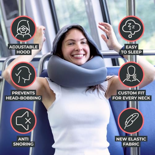 Image of FlyHugz 2.0 Hooded Travel Pillow - 2026 Original Release - Memory Foam Neck Pillow with Adjustable Hood & Premium Elastic Washable Cover - First Class Comfort for Flights, Road Trips & Sleep-Gray.