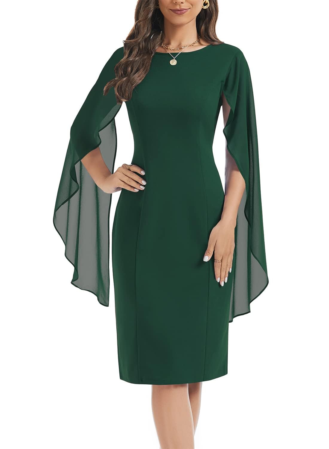 HELYO Women's Chiffon Cloak Sleeve Mini Cape Dress V-Back Semi-Formal Elegant Bodycon Wedding Guest Evening Cocktail Dresses