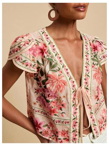 GORGLITTER Women's Floral Tie Front Cardigan Cap Short Sleeve Open Front Tie Vest Tops4