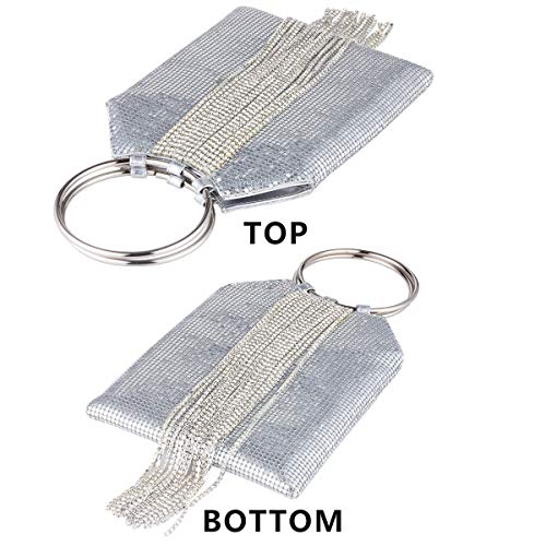 Image of Wrist Handle Cocktail Party Wedding Evening Clutch Crystal Rhinestone Tassels Tote Handbag Metal Mesh Evening Bag
