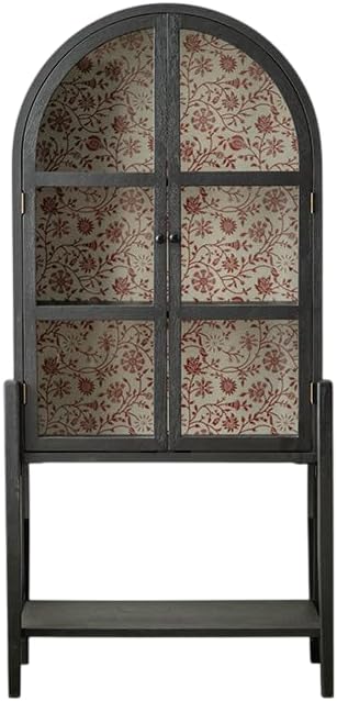 Tall Arched Glass Display Cabinet, Vintage Wooden Storage Cabinet with Floral Glass Doors, Bar Cabinet for Living Room, Entryway