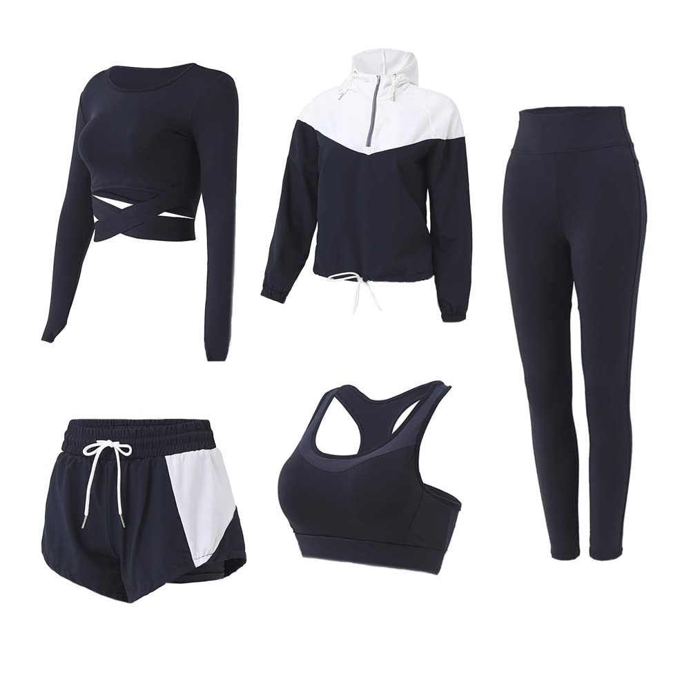 5 PCS Workout Sets for Women Yoga Running Outfit Athletic Gym Exercise Clothes Activewear Sets Tracksuit