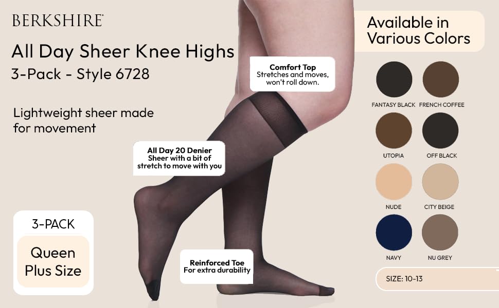 Image of Berkshire 6728 Women's All Day Sheer Knee Highs - Reinforced Toe 20 Denier Nylon Stockings - 3 Pair Pack