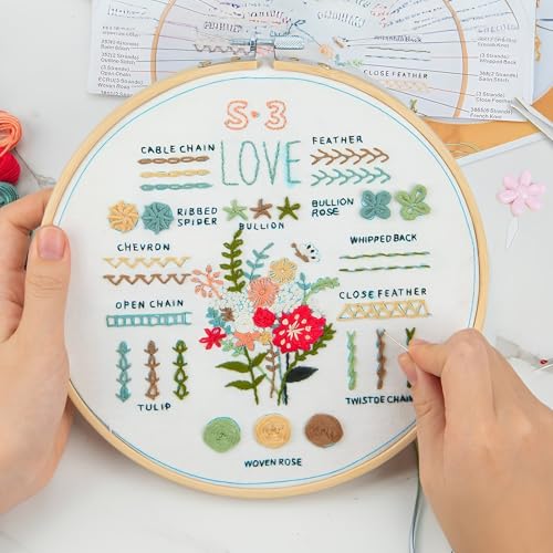 Image of LX LERMX Embroidery Kit for Beginners Adults, 34 Stitch Techniques with Floral Patterns, Complete DIY Kit with Stamped Patterns, Hoop, Colorful Threads, Tools (Pattern 2)
