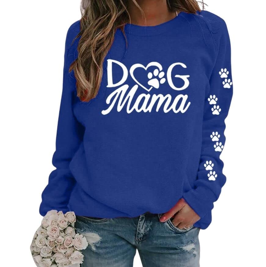CaiyaoDog Mom Sweatshirt Women Long Sleeve Dog Lover Mama Crewneck Tops Funny Paw Graphic Pullover