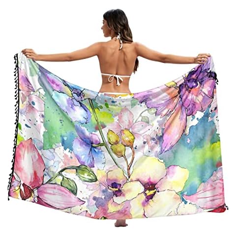 ODAWA Womans Eyebrows Beach Sarong Womens Swimwear Cover Ups Short Skirt with Tassels 70.9"x45.3", Wildflower Orchid Flower, Large Cover