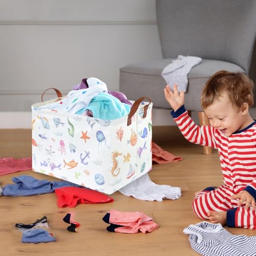 Image of Rectangle Fish Basket,Ocean Animals Waterproof Kids foldable Laundry Basket,Nursery Hamper,Boys and Girls Hamper,kids Room decor, kids toy organizer,Gift basket(Ocean Animals)