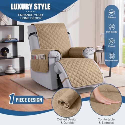 Image of TAOCOCO 100% Waterproof Recliner Covers with Leg Straps, Reversible Recliner Couch Cover for Reclining Chair, Washable Couch Protector for Pets Kids (1 Seater 22 inch, Camel)