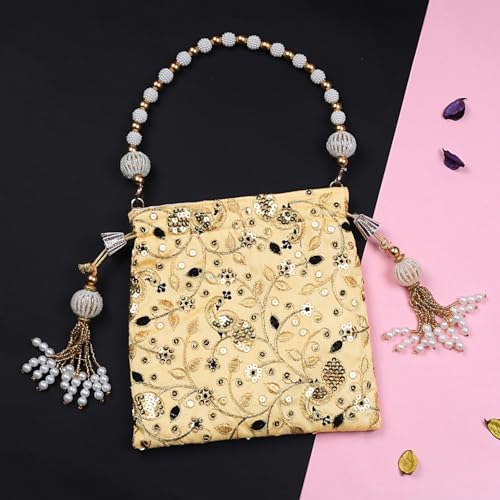 Image of LONGING TO BUY Indian Embroidered Pearl Potli Bag For Women, Sequence Design with Tassel, Wedding Potli Bags