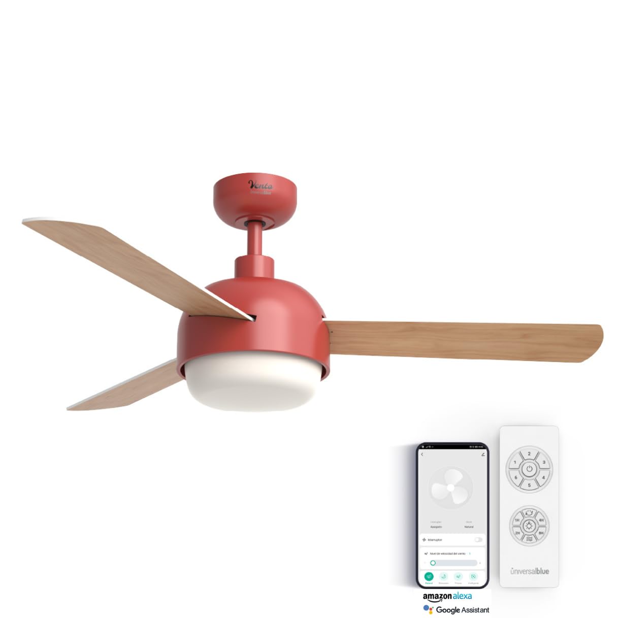 UNIVERSALBLUE Ventilador de techo con luz LED y WiFi | Color rojo | Silencioso con Motor DC | Control por App, Alexa, Google Assistant mando a distancia | 6 Velocidades | Aspas Reversibles