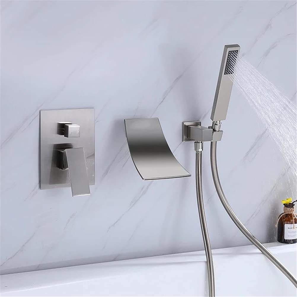 Juego de ducha monomando con caño cascada y manguera PVC, color oro cepillado(Brushed Nickel)