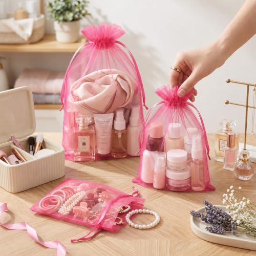 Image of FUNFERY 100PCS Hot Pink Organza Gift Bags 5x7in,Drawstring Jewelry Pouch