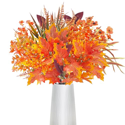 SHEPIN 8 paquetes de flores artificiales de otoño, decoración de otoño, ramo artificial de eucalipto, ramas de otoño, hojas de arce, decoración de otoño para interior y exterior, mesa de balcón,