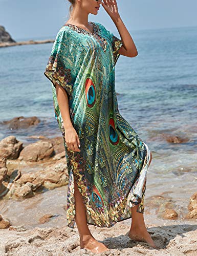 Bsubseach saída de praia feminina casual estilo caftan vestido de manga curta, Peacock Feather, One