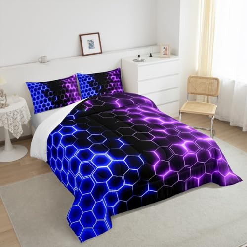 Image of Feelyou Blue Purple Honeycomb Bedding Set Fluorescent Geometric Honeycomb Comforter Set Beehive Hexagon Comforter for Boys Girls Geometric Duvet Set Queen Size Quilt 3Pcs Boys