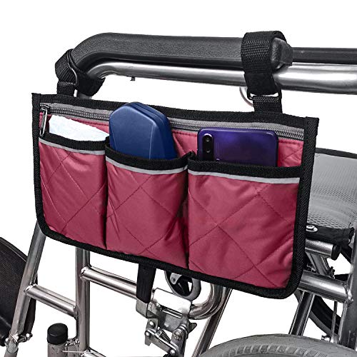 Wheelchair Side Bag with Pouches and Reflective Stripe, Wheelchair Armrest Side Organizer