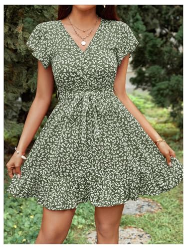 Floerns Women's Floral Cap Sleeve Boho Dress V Neck Ruffle Hem Belt Vacation A Line Dresses2