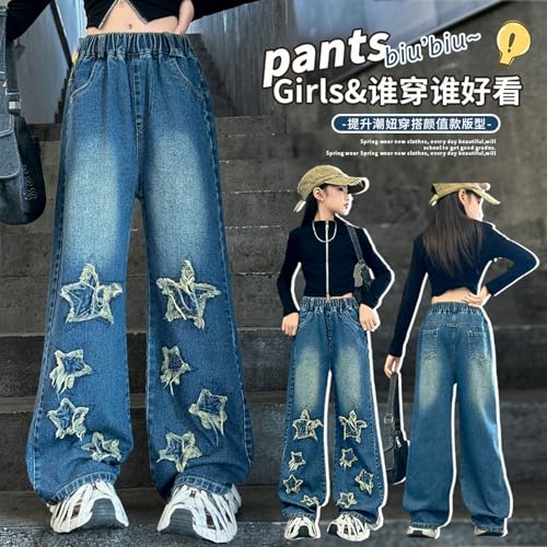 Girls Jeans Denim Elastic Waist Wide Leg Baggy Pants Kids Clothes 4-13 Years4