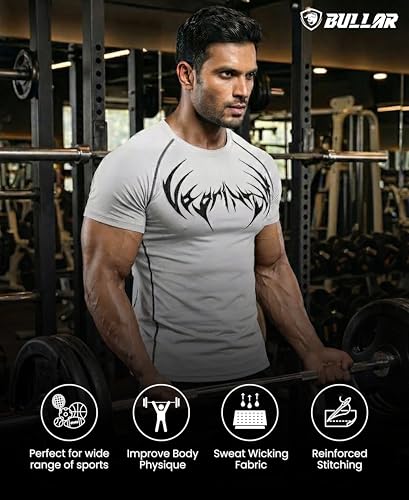 Image of BULLAR Men's Polyester Blend Compression T-Shirt, Half Sleeve Athletic Sports Tight, Crew Neck, Slim Fit Tshirt for Fitness and Workout