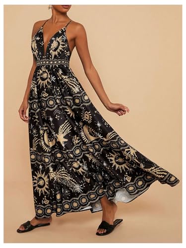 Image of SHENHE Women's Summer Tropical Sundress Deep V Neck Criss Cross Backless Flowy Maxi Dress