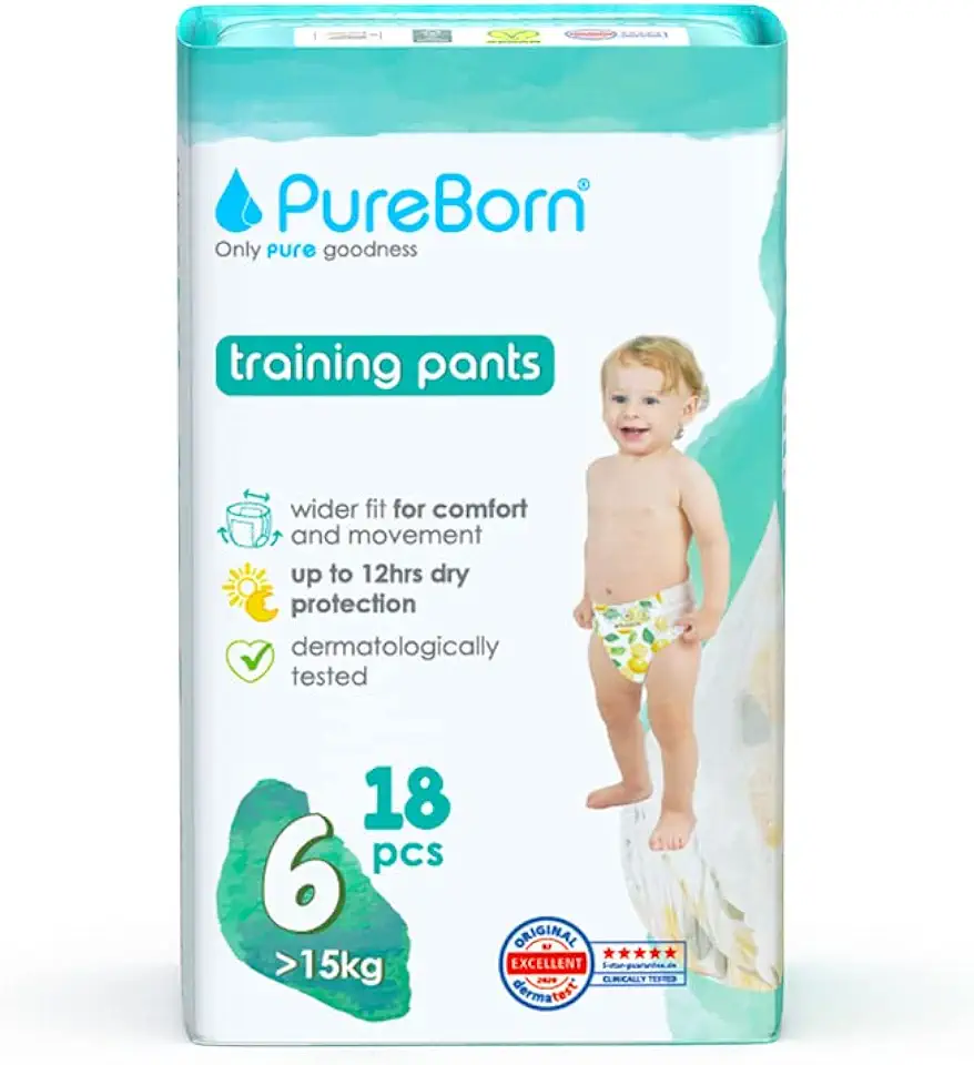 PureBorn Baby Dry Pull Up Diapers/Nappy Pants Suitable for Babies |Size -6 |Single Pack|18 Pieces|Day & Night Protection|Dermatologically tested|Super Soft |