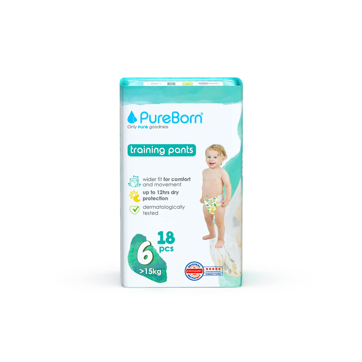 PureBornBaby Dry Pull Up Diapers/Nappy Pants Suitable for Babies -Size -6 -Single Pack-18 Pcs-Assorted-Superior Upto 12 Hours Day & Night Protection-Dermatologically tested-Super Soft-Skin Friendly