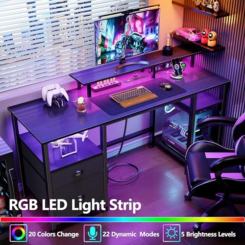 Image of Furologee 51 inch Gaming Desk with Power Outlets & LED Lights, Reversible Computer Desk with File Cabinet & Monitor Stand for Home Office, Large Work Table with Storage Shelves & Drawer, Black