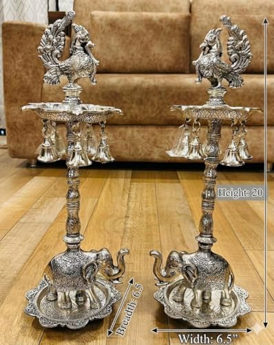 Image of German Silver Peacock Samai Pair | Diya Stand Set of 2 with Elephant Base & Plate | Big Size Deepam for Pooja, Temple & Home Decor | Kuthu Vilakku Oil Lamp | 20 x 6.5 Inch | Hand Engraved