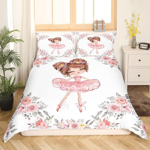 Homewish Girls Ballet Bedding Set Single Size for Kids Ballerina Duvet Cover Bedroom Decor Cute Little Dancer Comforter Cover Girly Rose Flowers Print Bedspread Cover - Image 2