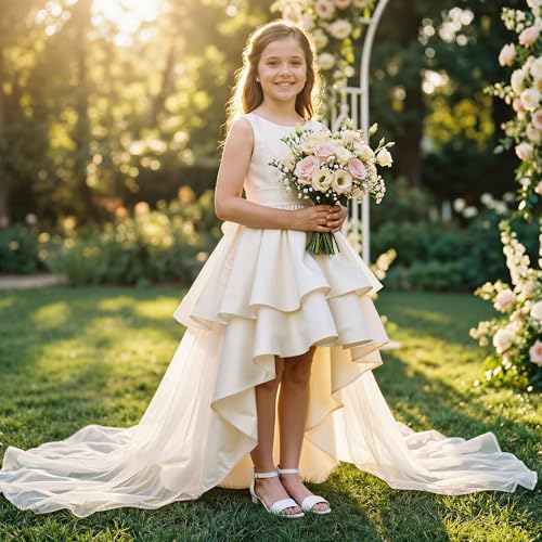 Image of Dufannie Girls Sandals Low Heels Dress Pump Ankle Strap Open Toe Flower Girl Wedding Party for Toddler Little Big Kid
