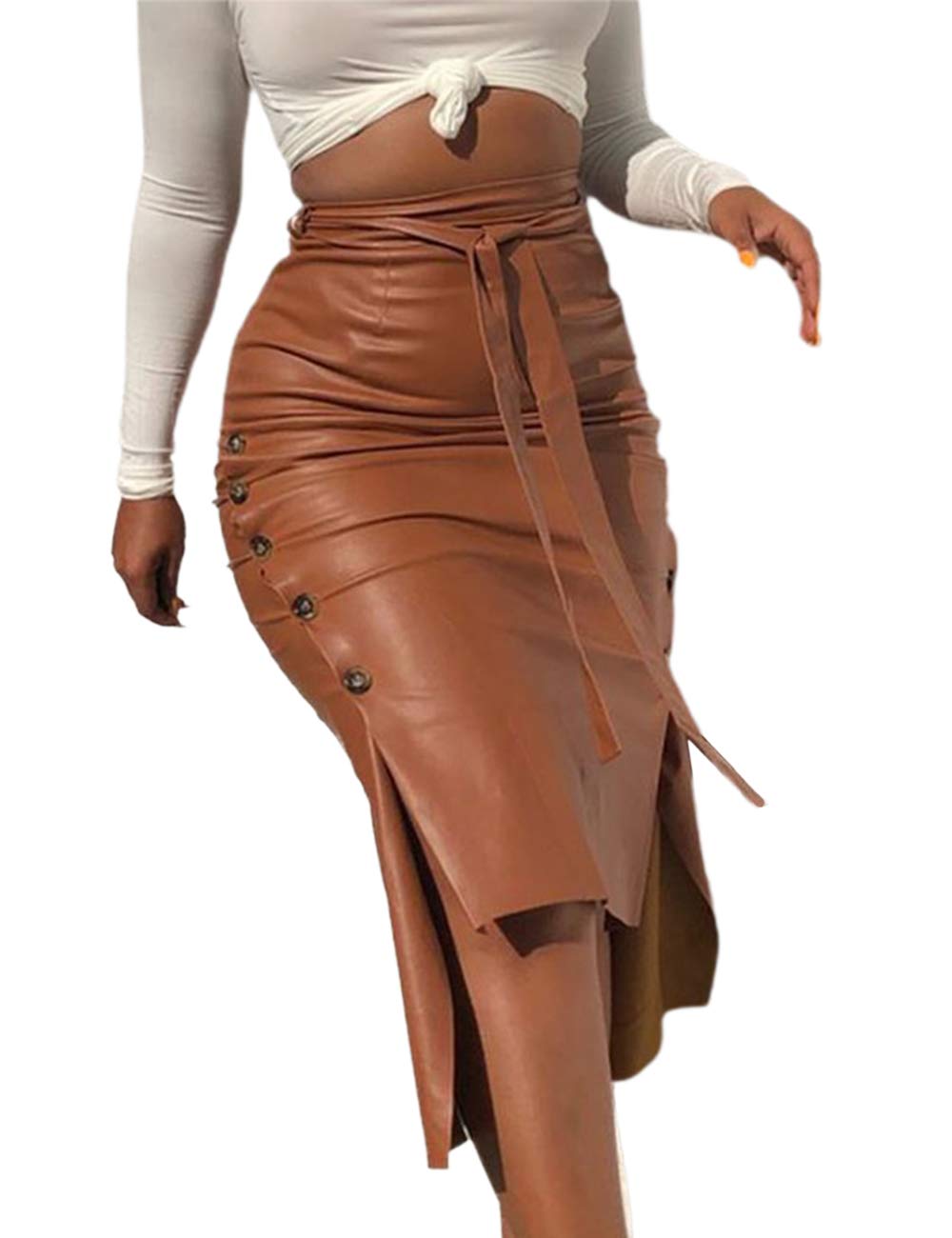 Huyghdfb Womens Faux Leather Midi Skirts High Waist Knee Length Slit Bodycon Pencil Skirt with Belt (Brown, M)