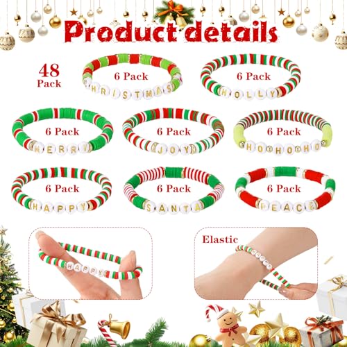 48 Pcs Thanksgiving Day/Halloween/Christmas Bracelets Bulk Festive Polymer Clay Beaded Bracelets Pumpkin Turkey Boo Skull Joy Merry HoHoHo Stretch Jewelry Gifts for Holiday Friend2