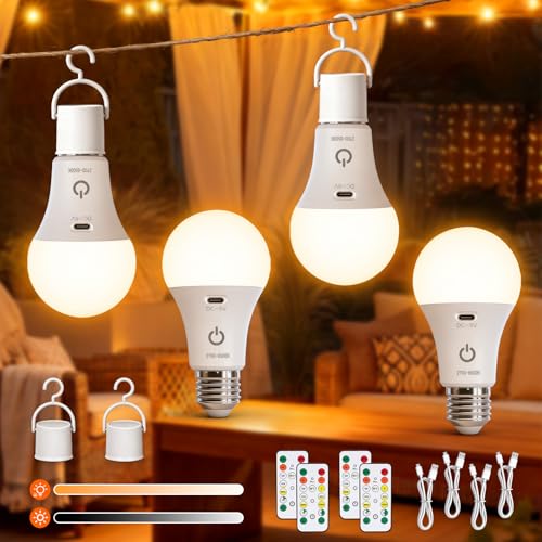 Ketom Lot de 4 Ampoules Rechargeables avec Télécommande, Ampoule Sans Fil E27, 3 Températures de Couleur, 7W Dimmable, Touch Control, Ampoule LED Rechargeable USB avec Minuterie