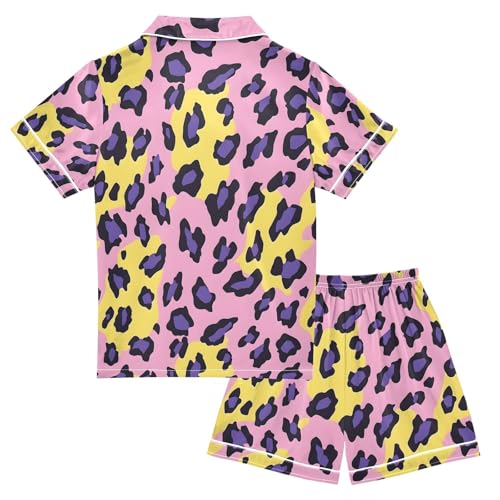 ALAZA Yellow Leopard Print Pajamas Satin Pajama Set Short Sleeve Button Down Sleepwear2