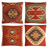 JAIPUR KILIM RUGS Set of 4 Wool Jute Vintage Kilim Cushion Covers,Home Decor Pillowcases Handwoven Turkish Pillow Decorative Throw Pillow Covers (Multicolor-8)