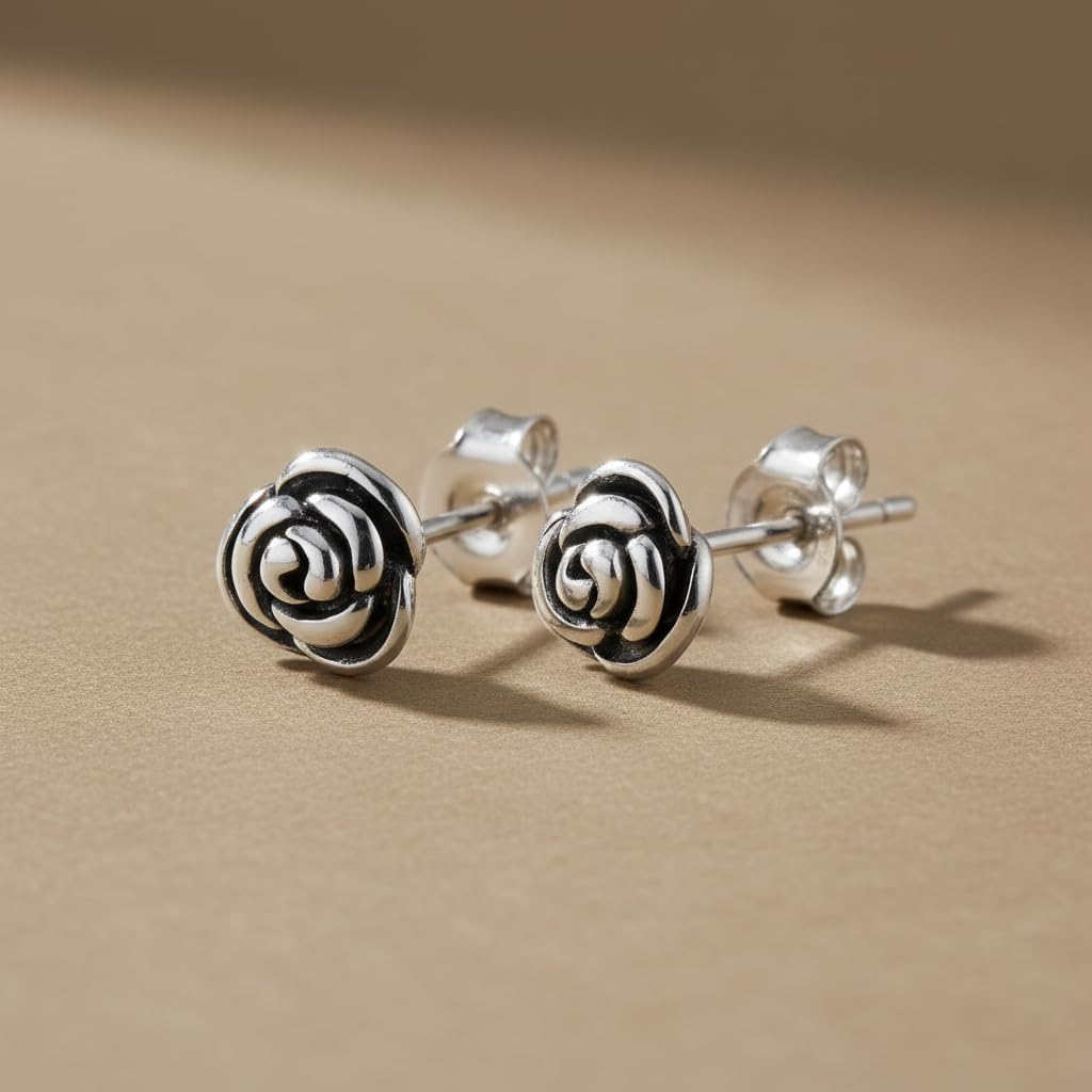 Sterling Silver Rose Flower Stud Earrings - 7mm