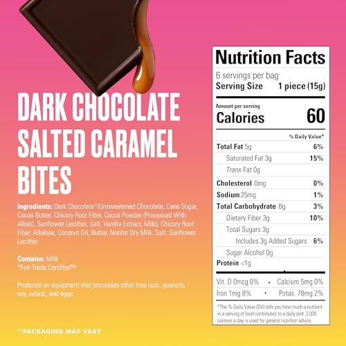 Image of SkinnyDipped Dark Chocolate Salted Caramel Bites, 3.17oz Bags | 4 Pack | Rich Dark Chocolate | Creamy Caramel| Individually Wrapped | Low Sugar | Gluten Free