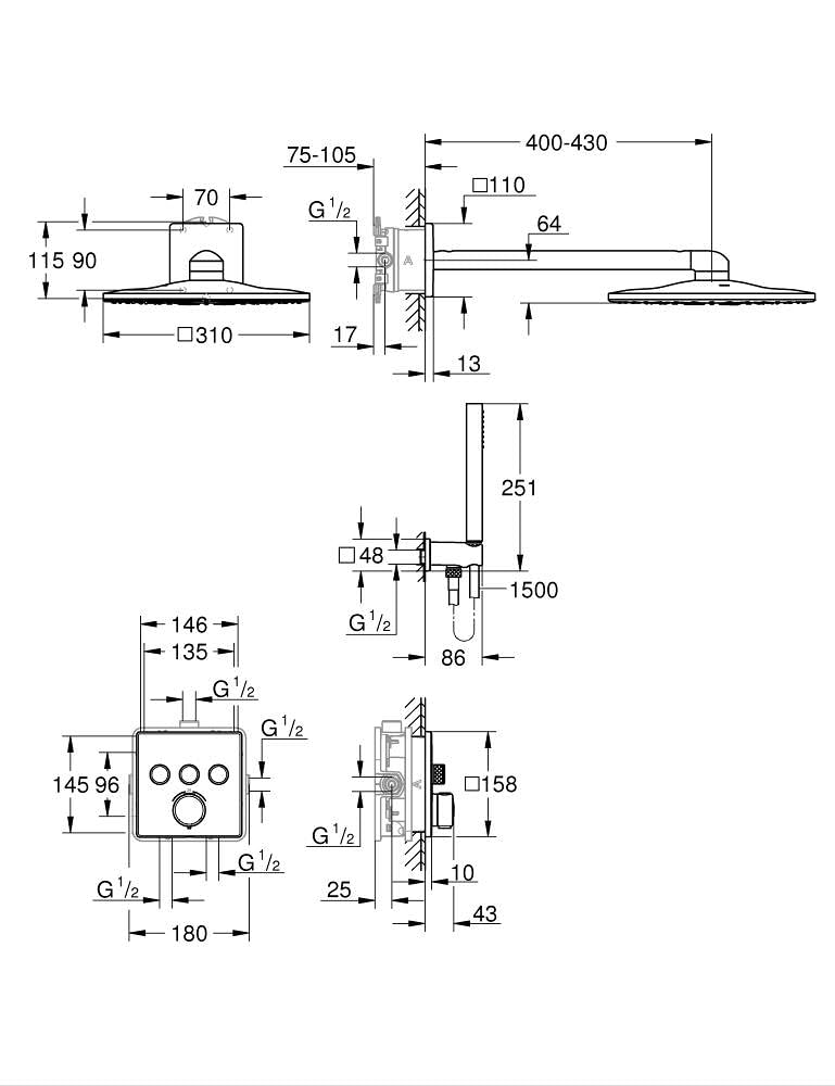 GROHE Kit de ducha empotrado Precision SmartControl 310 mm, 2 tipos de chorro, caja de instalación universal, manguera de ducha de 1500 mm, termostato empotrado, cromo, 34875000