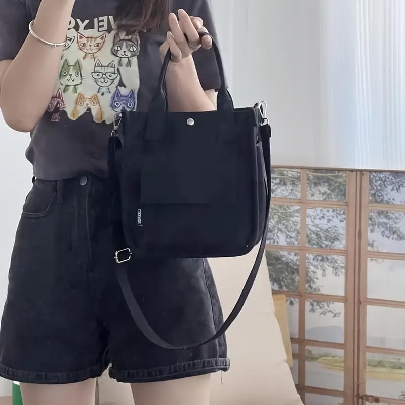 Bolso tote de lona versátil, bolso grande de hombro con múltiples bolsillos y correa desmontable, bordes pintados, material duradero, negro miniatura 3