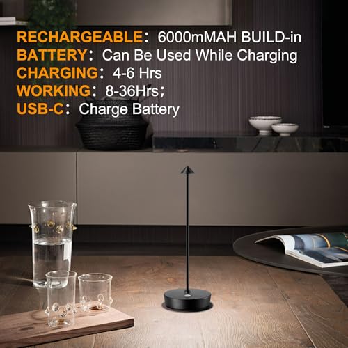 SAKRINGT Cordless Table Lamps Rechargeable, 6000mAh Battery Operated Waterproof Stepless Dimming Modern Portable LED Table Light for Restaurant Dining Patio Outdoor