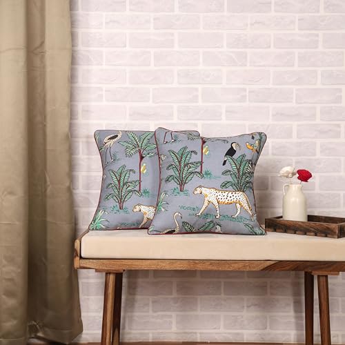 Image of 16 inch x 16 inch Cushion Covers Set of 5 Grey Forest Printed Cotton Decorative Square Cushion Covers Pack of 5 for Sofa Decor