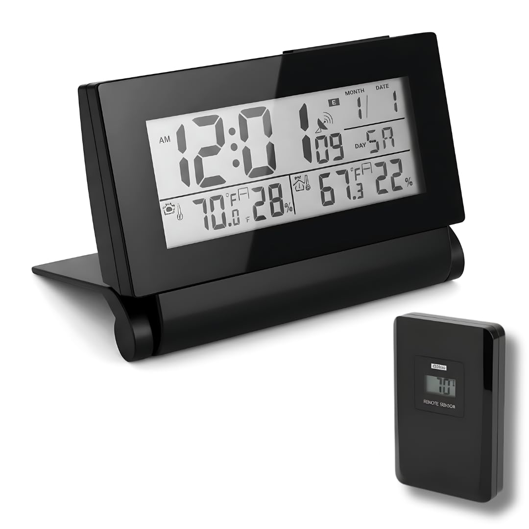 Reloj digital atómico con sensor inalámbrico térmico y pantalla azul