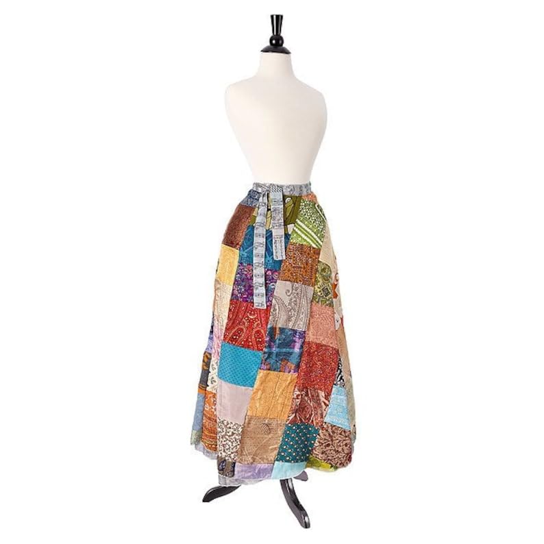 Vintage Silk Sari Patchwork Wraparound Long Skirt - Embrace Timeless Elegance Perfect for Any Occasion or Casual (Free Size -32 inch,Multicolor)4