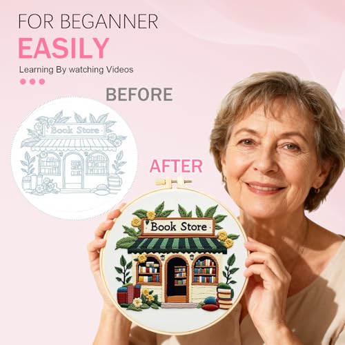 Image of Huacan Embroidery Kit for Beginners Pre-Stamped Pattern Kits for Adults with Hoop, Easy to Follow Color Thread Needlework